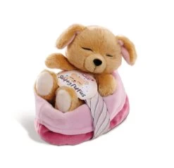 NICI 48111 Sleeping Puppies Hund 12 Cm, Karamell, Im Pink-lila Körbchen